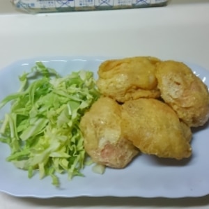 面倒な衣つけなし!　油揚げでかさ増しエビフライ！